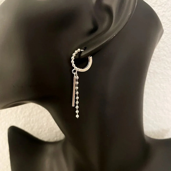 925 Sterling Silver Dangle Bead Bar Long Drop Earrings Silver Huggie Hoops - Picture 4 of 4